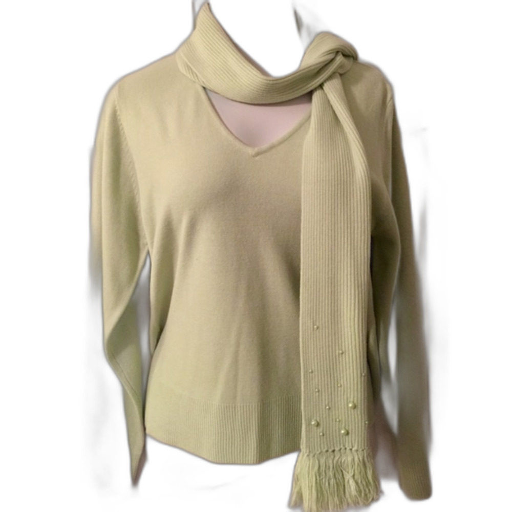 NEW CAROLYN TAYLOR Pastel Lime Green Soft V-neck Sweater Removable Scarf XL NWT